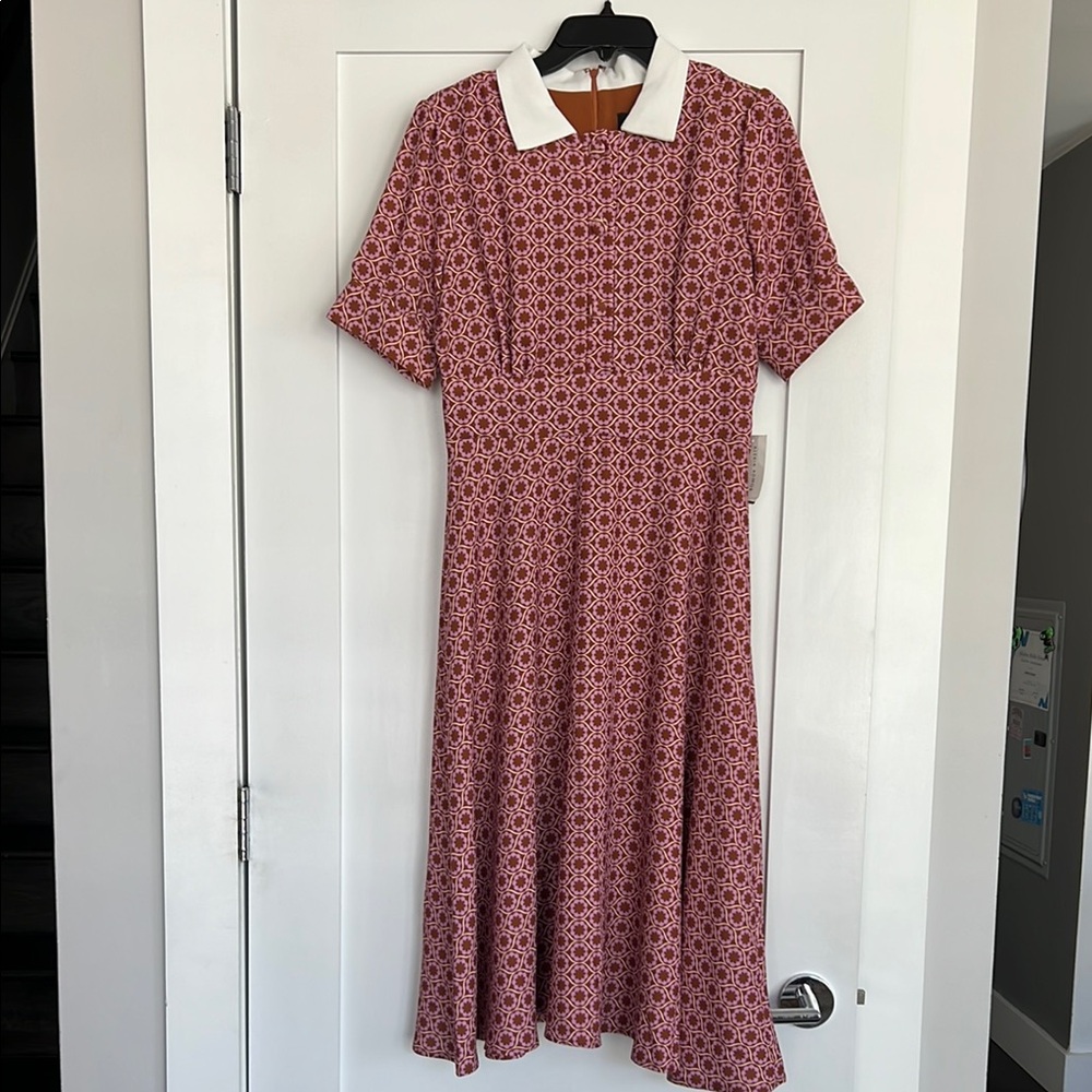 Pink Midi Dress with Puff Sleeves and Peter Pan Collar